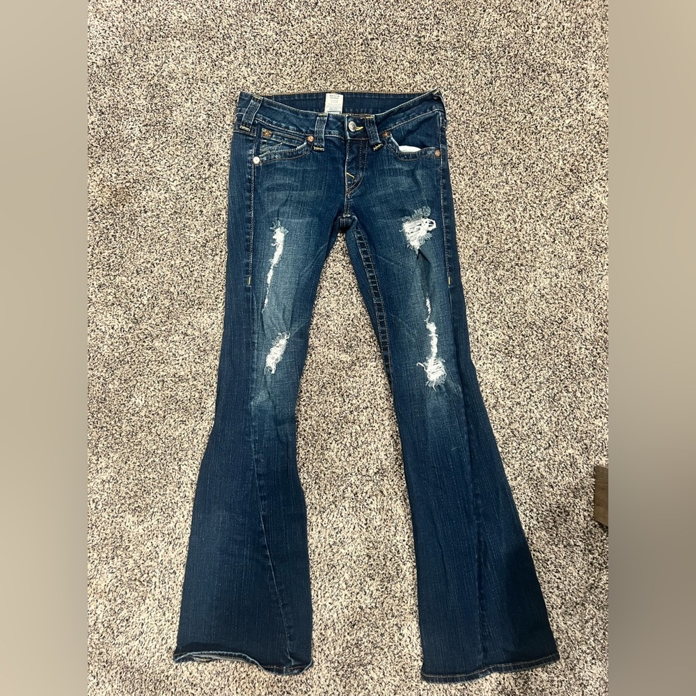 EUC True Religion Joey Twisted Hem Flare Factory Destructed Jeans, size 29